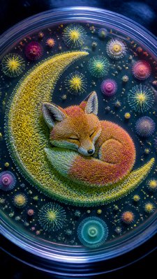 a sleeping baby fox curled on a crescent moon among soft stars, gentle and warm, no text