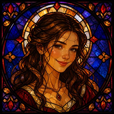 head-and-shoulders portrait of an original character: a young woman with wavy chestnut hair and a warm smile, plain soft backdrop