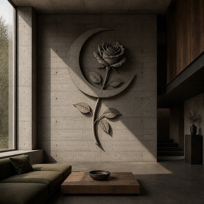 a rose entwined with a crescent moon, clean balanced composition on a plain background, no text