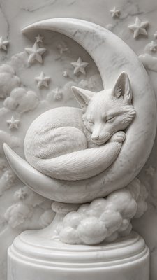 a sleeping baby fox curled on a crescent moon among soft stars, gentle and warm, no text