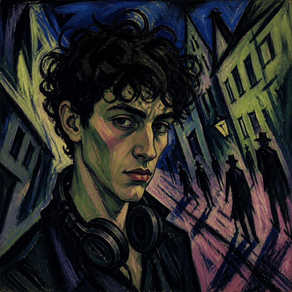 head-and-shoulders portrait of an original character: a young man with curly dark hair and headphones around his neck, plain backdrop, no text