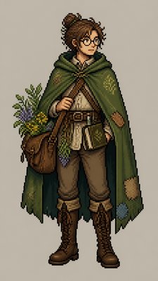 full-body original character: a wandering botanist with a satchel of plants, a patched green cloak, tall boots and round glasses, neutral background