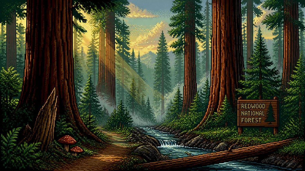 a panoramic redwood forest with light rays through mist, no people