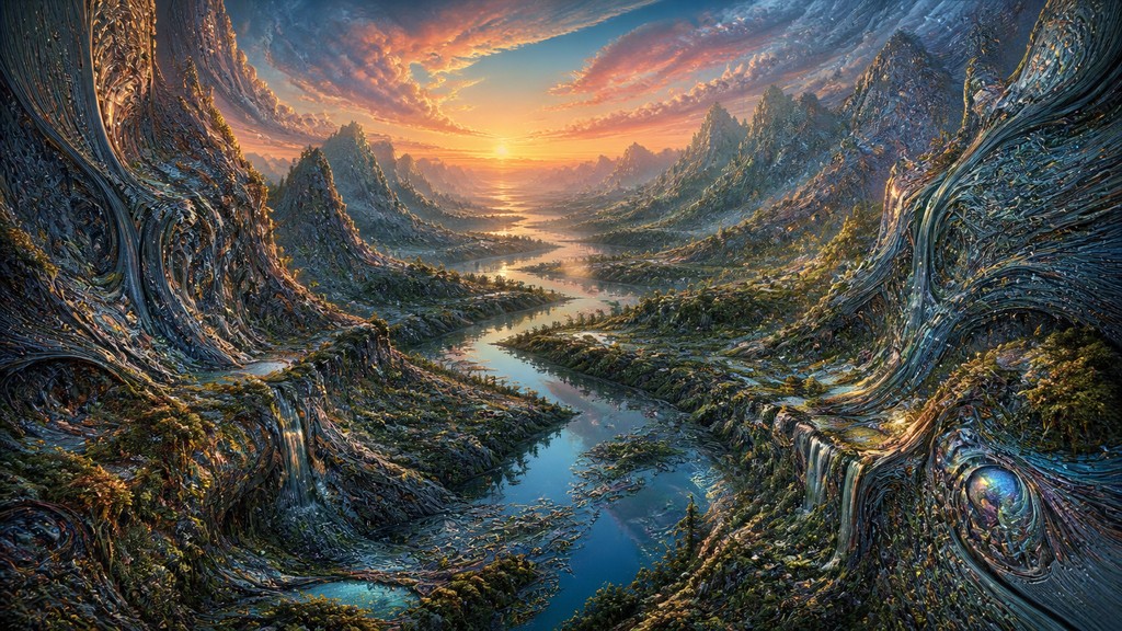a vast valley with a river winding toward distant mountains at sunrise, no people, no text