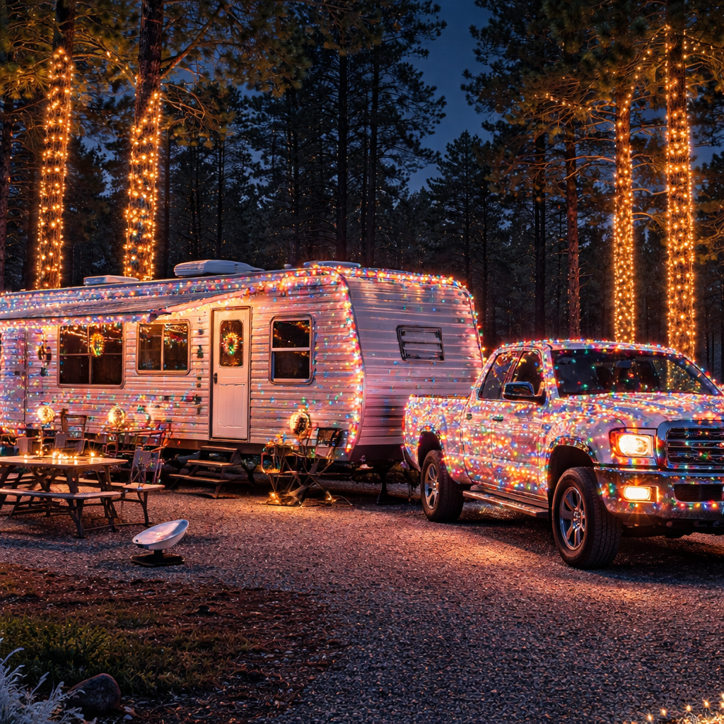 A night-time wide shot of a 33ft Sunset Creek bumper-pull travel trailer parked at a Texas campsite. Next to it, a white 2002 Dodge Ram 2500 pickup truck is parked in the gravel drive. Both the trailer and the truck are draped in an extreme, "off the charts" amount of glowing multi-colored Christmas lights. In the background, tall long-needle pine trees are also wrapped in twinkling lights. A wooden picnic table and a small Starlink Mini dish are visible on the campsite ground. Clear night sky, warm southern atmosphere, no snow, ultra-detailed, cinematic lighting, 8k resolution.