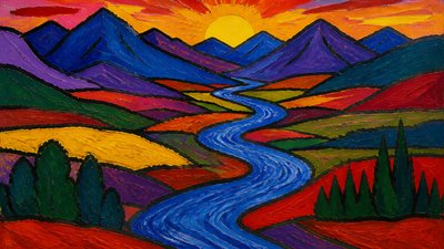 a vast valley with a river winding toward distant mountains at sunrise, no people, no text