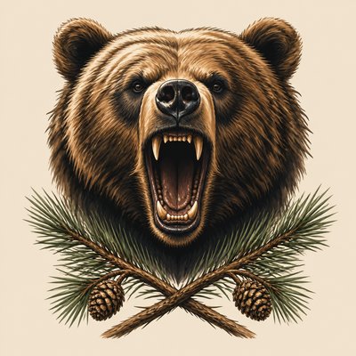 a roaring bear head above crossed pine branches, bold graphic composition on a plain background, no text