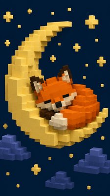 a sleeping baby fox curled on a crescent moon among soft stars, gentle and warm, no text