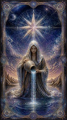 a robed figure pouring water beneath a large eight-pointed star in a night sky, symmetrical composition with an ornate decorative border, no text