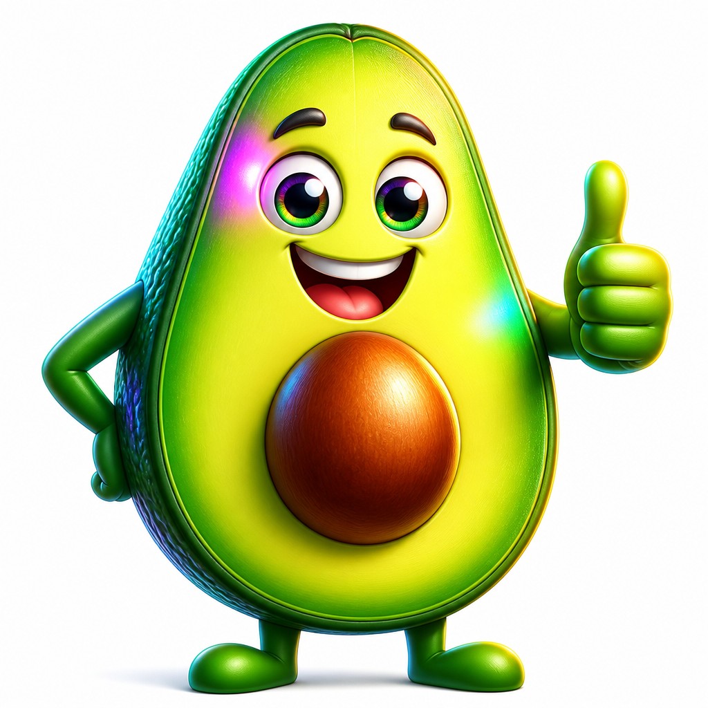 a happy avocado character giving a thumbs up, bold readable design on a plain background, no text
