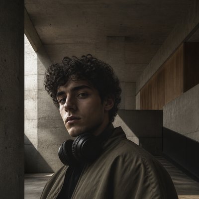 head-and-shoulders portrait of an original character: a young man with curly dark hair and headphones around his neck, plain backdrop, no text