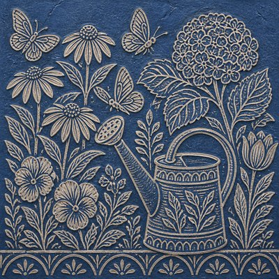 a garden scene with butterflies, flowers and a watering can, clean uncolored line art, no text