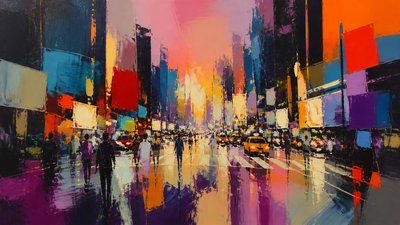 bustling city street panorama at dusk