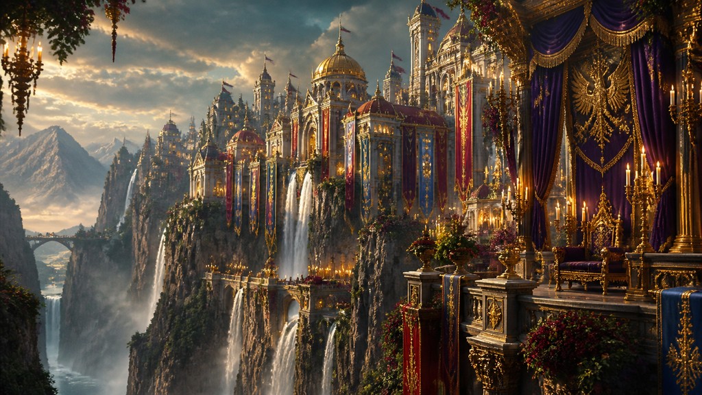 a cliffside city with waterfalls cascading into a misty canyon, wide establishing shot, no people, no text