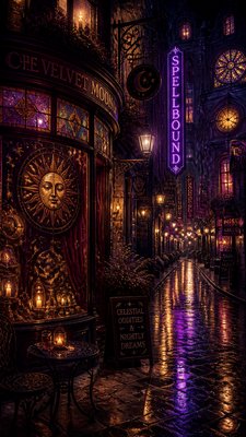a quiet rainy city street at night reflecting neon signs, no people