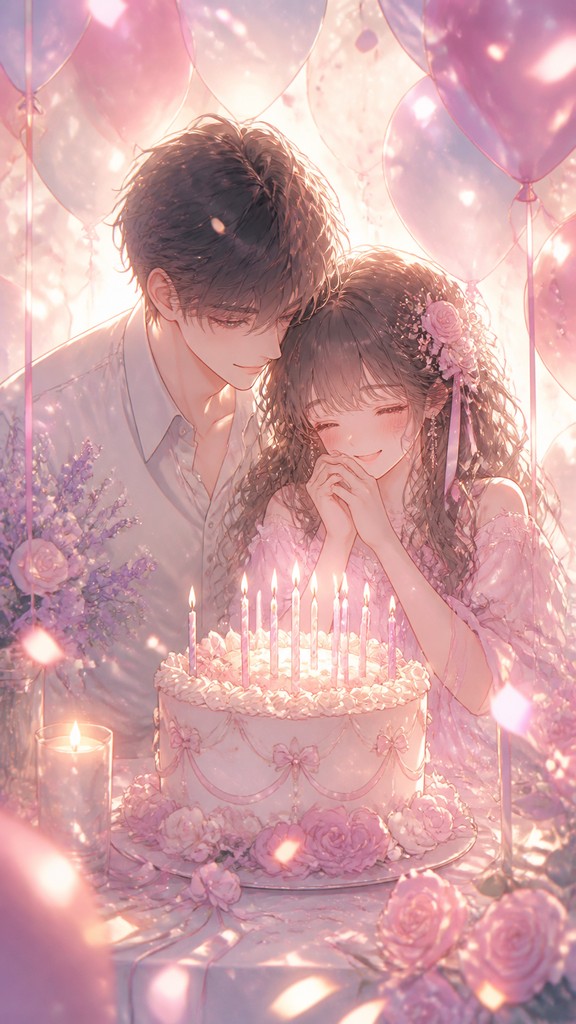 a birthday cake with lit candles surrounded by balloons and confetti, festive vertical composition, no text