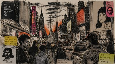 bustling city street panorama at dusk