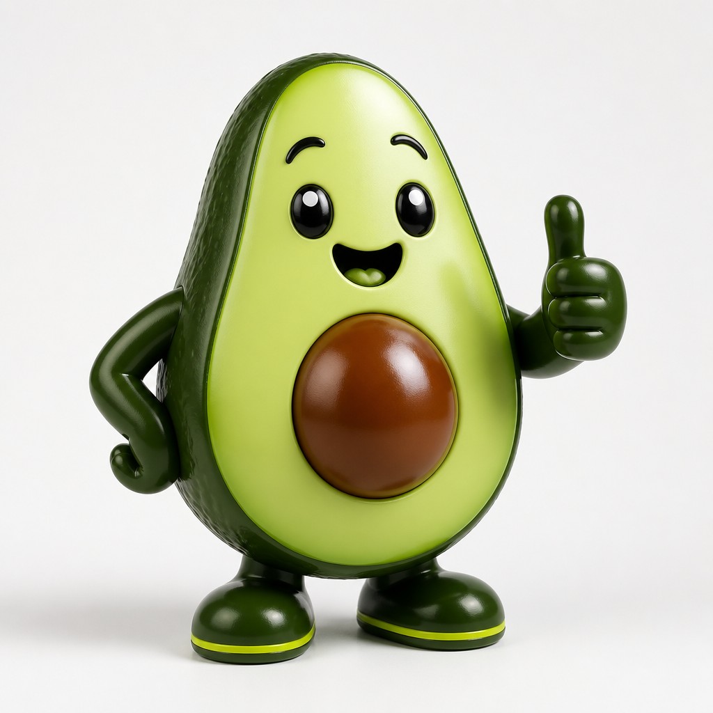 a happy avocado character giving a thumbs up, bold readable design on a plain background, no text