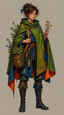 full-body original character: a wandering botanist with a satchel of plants, a patched green cloak, tall boots and round glasses, neutral background
