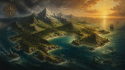 a map of an island realm with mountains, forests, a sheltered bay, sea monsters in the water and a compass rose, no text labels