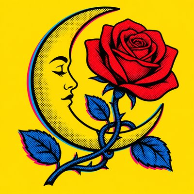 a rose entwined with a crescent moon, clean balanced composition on a plain background, no text