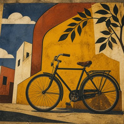 bicyle resting against a wall