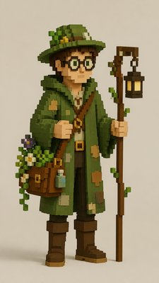 full-body original character: a wandering botanist with a satchel of plants, a patched green cloak, tall boots and round glasses, neutral background