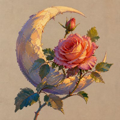 a rose entwined with a crescent moon, clean balanced composition on a plain background, no text