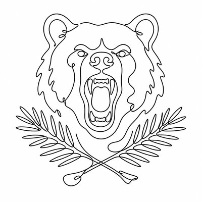 a roaring bear head above crossed pine branches, bold graphic composition on a plain background, no text