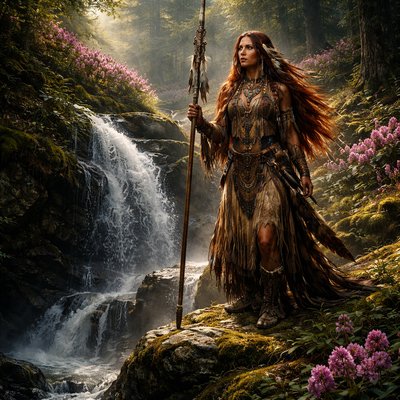 express a lady Native American warrior of the native area of Roan Mountain Tennessee with long red hair on the upper peaks of Roan Mountain during the Rhododendron Festival. The warrior wears traditional Cherokee warfare apparel attire which is modest. This is upon the top of a mountain covered in rhododendrons. Place beside a waterfall.