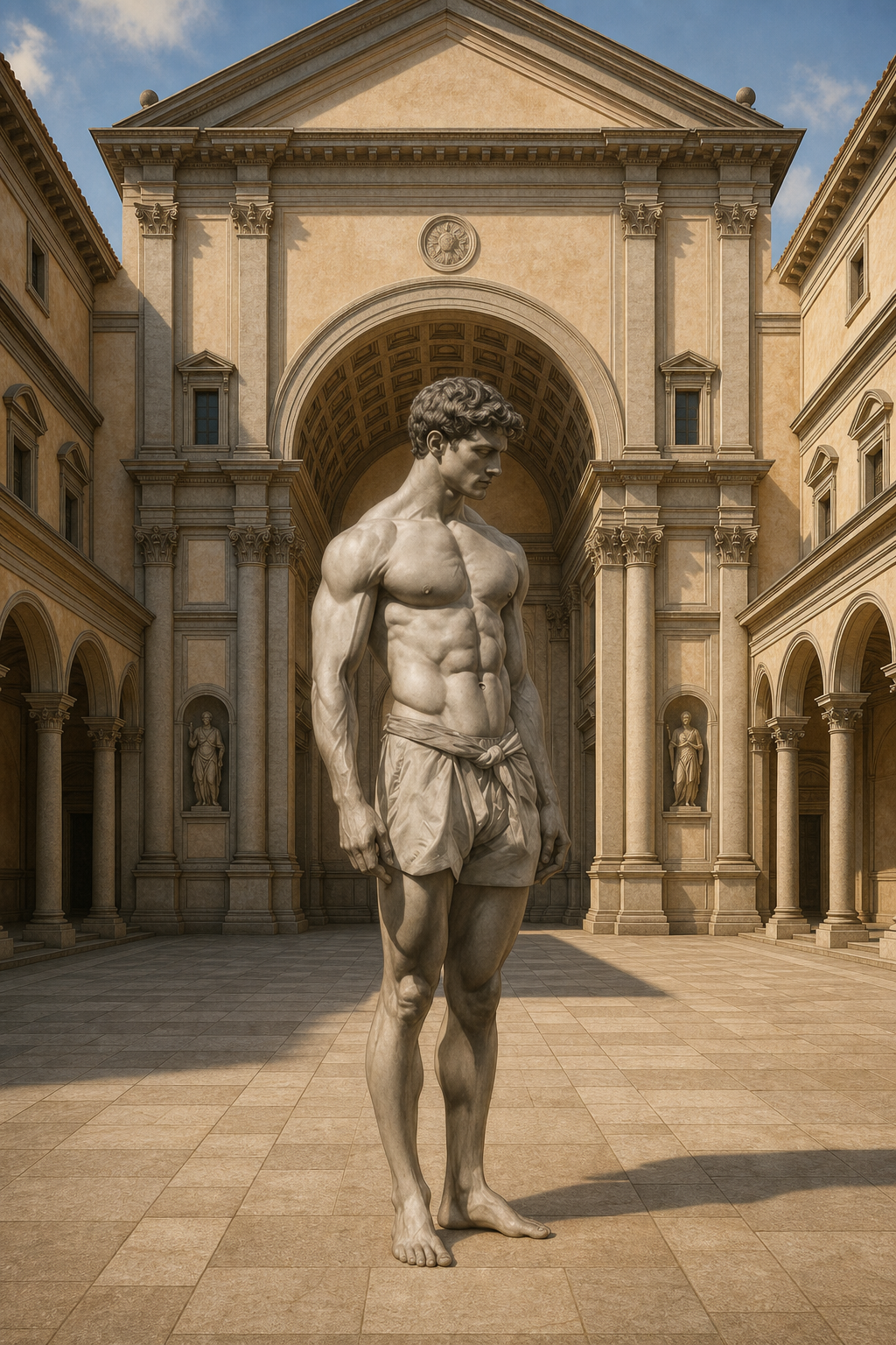 a statue of a man standing in front of a building