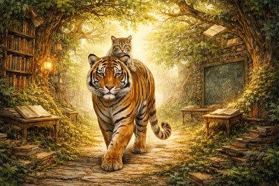 Art Style & Atmosphere: A richly detailed, cinematic fantasy photograph with a whimsical, storybook quality. The lighting is dappled and golden, filtering through a complex canopy, creating a serene and wondrous atmosphere.

The Subjects: A magnificent, large Bengal tigress with deep orange and black fur walks with a slow, confident stride through the center of the frame. Perched comfortably on her shoulder blades, looking around with wide-eyed curiosity, is a small tabby kitten with unusual, muted olive-green and brownish-grey striped fur.

The Environment (The Forest-Library): The setting is a seamless, magical fusion of an ancient woodland and a grand library.

    The Trees: Towering, gnarled trees have trunks that are not just bark, but carved wooden bookshelves packed tight with thousands of leather-bound books, scrolls, and codices.

    The Canopy: The "leaves" above are a mixture of real green foliage and open book pages fluttering in the breeze, creating a stained-glass effect with the sunlight.

    The Floor: The forest floor is a mix of moss, roots, and stacks of old books that look like natural rock formations or undergrowth.

    School Elements: Old, weathered wooden school desks are integrated into the landscape, some overgrown with ivy, holding open botanical textbooks. A large slate chalkboard, covered in arcane botanical diagrams, is embedded into a mossy rock face.

Composition: A wide-angle shot showing the scale of the environment as the tigress and kitten move along a path paved with worn flagstones and embedded encyclopedias.