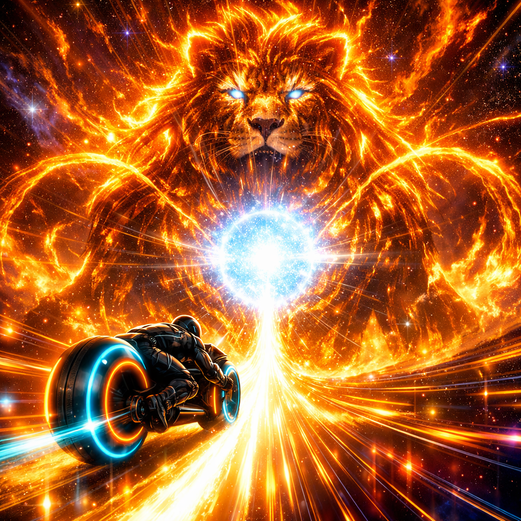 Neon-Futurism Digital Art Style, Bioluminescent Sci-Fi Cosmic Setting, Extreme Focal Point. A high-speed "tunnel-vision" perspective where everything converges on a single, brilliant point of light.
The Rider & Bike Consistency: The lone motorcyclist—in the signature sleek, armored suit and helmet—is leaning dangerously low, pinned to the chassis of the hubless "light-cycle." The bike's cyan and orange neon rings are vibrating with energy as it accelerates toward the center of the frame.
The Path (The Solar Path): The glowing blue laser-grid highway has turned into a golden-white bridge of solid light. It leads directly into the chest of a colossal celestial entity.
The Leo Presence: Looming ahead is the magnificent Celestial Lion, a titan made of burning solar flares and rhythmic orange circuitry. He stands in a regal, powerful stance. At the center of his chest lies Regulus, a massive, pulsating white-blue star that acts as a gateway.
The Action: The highway doesn't stop; it goes straight into the center of Regulus. The rider is seconds away from entering the star's core. Solar prominences and loops of liquid fire arch over the road like a stadium of light.
Atmosphere: Intense heat and majesty. The colors are dominated by deep ambers, fiery oranges, and the blinding white-blue light of the star Regulus.
Lighting: The rider is almost a silhouette against the overwhelming brightness of the Lion's heart. Intense "lens flare" and shimmering heat-haze effects blur the edges of the digital grid.
