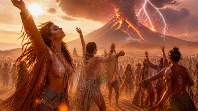an erupting volcano with lightning strikes, dramatic wide composition, no text
