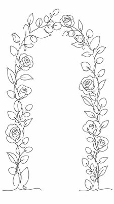 an arch of white roses and eucalyptus in soft morning light, elegant vertical composition with open space, no text