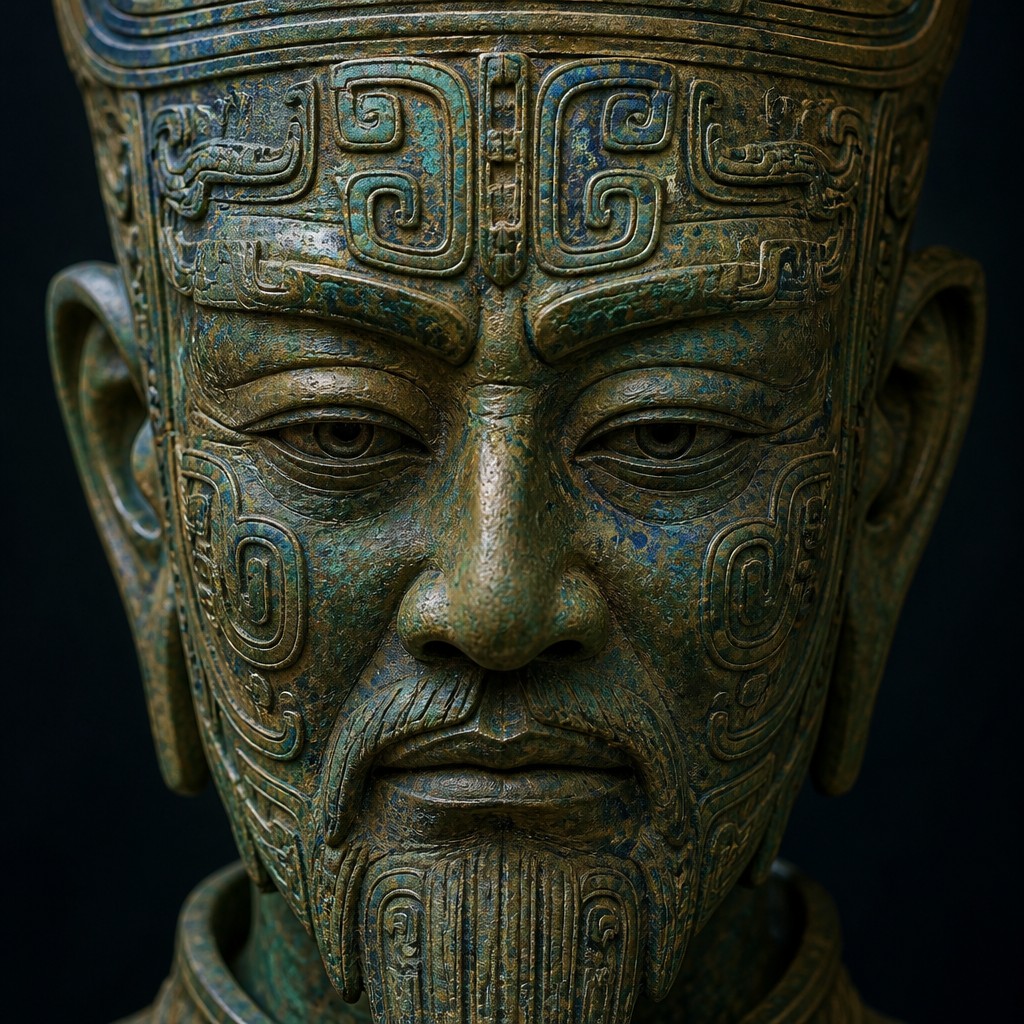 close-up portrait of an elderly person with expressive weathered features — Ancient Chinese Bronze Art Style