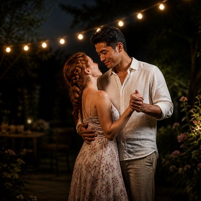 an original couple dancing under string lights in a garden at dusk: a man with short black hair in a linen shirt and a woman with braided red hair in a summer dress