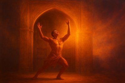 a painting of a man standing in front of a doorway