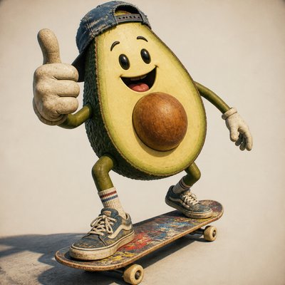 a happy avocado character giving a thumbs up, bold readable design on a plain background, no text