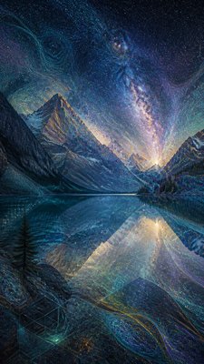 a tranquil mountain lake beneath a starry night sky, no people, no text