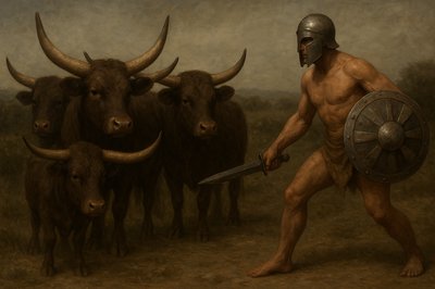 a painting of a man with a sword and a helmet standing in front of a