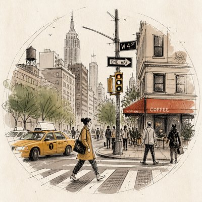 urban street with city activity — Hand-Drawn Icon Design