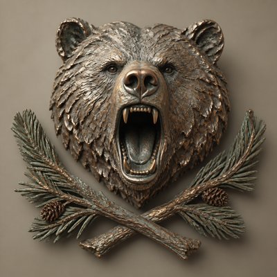 a roaring bear head above crossed pine branches, bold graphic composition on a plain background, no text