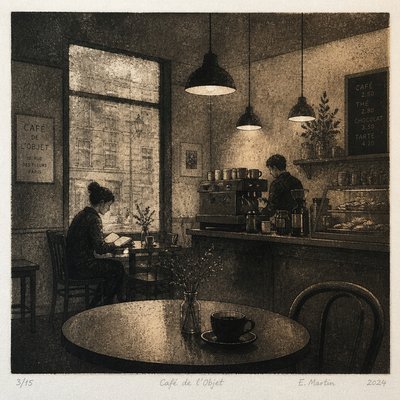 cozy cafe interior with warm lighting