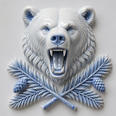 a roaring bear head above crossed pine branches, bold graphic composition on a plain background, no text