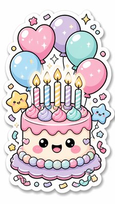 a birthday cake with lit candles surrounded by balloons and confetti, festive vertical composition, no text