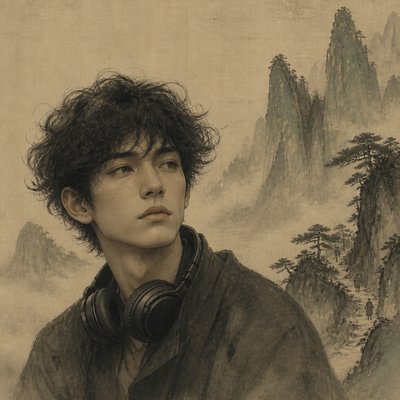 head-and-shoulders portrait of an original character: a young man with curly dark hair and headphones around his neck, plain backdrop, no text