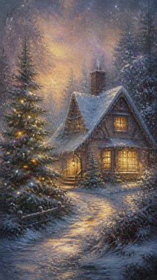 a snow-covered cottage with warm glowing windows beside a decorated pine tree, gentle snowfall, no text