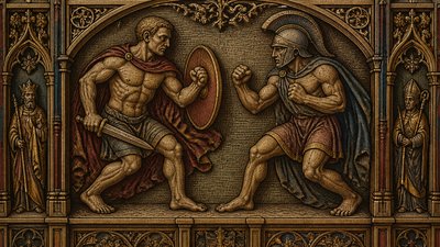 a painting of two men fighting each other