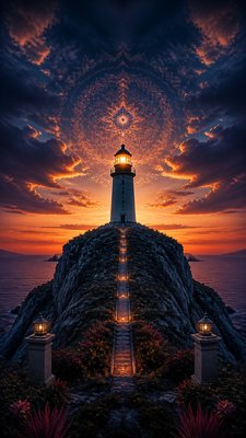 a lone lighthouse on a cliff at dusk under a dramatic sky, no text or lettering